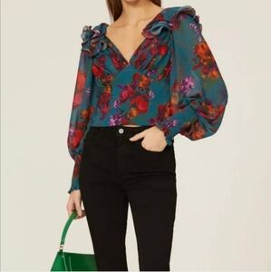 Hutch Reni Top Teal Floral Smocked Ruffle Top Women’s Small
